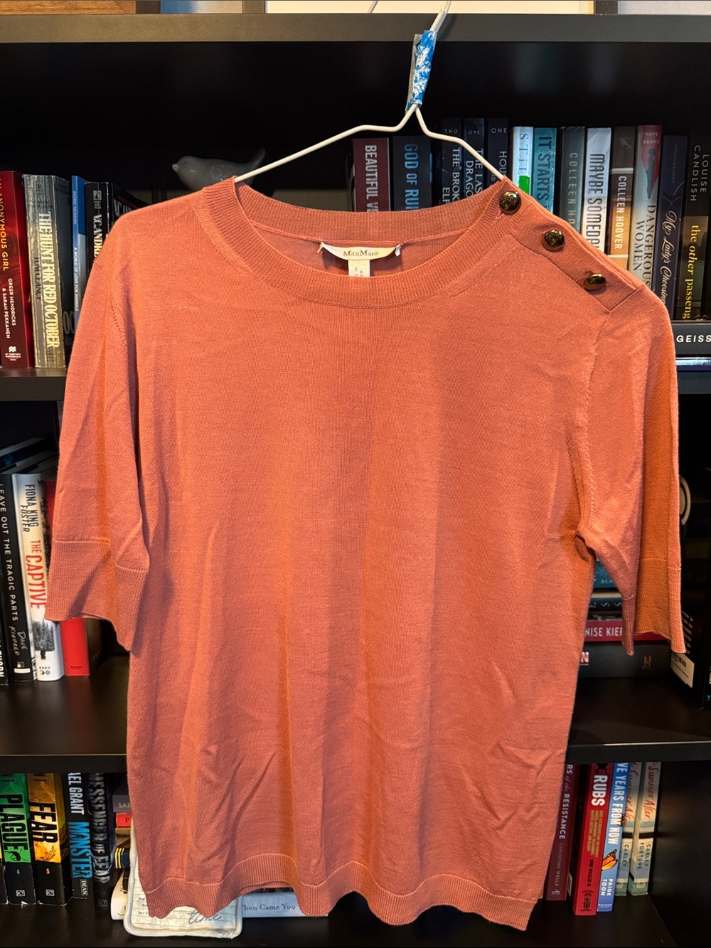 MaxMara Coral Short-Sleeve Knit Top with Gold  Shoulder Buttons
